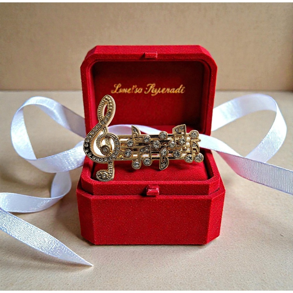 Gold Tone Musical Note Treble Clef Rhinestone Brooch Pin Music Gift with Box - Picture 2 of 4